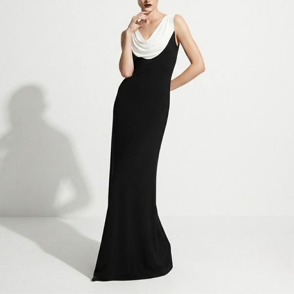 Calvin Klein Dress 2 Black White Sequin Cowl Back Drape Floor Length Gown Formal